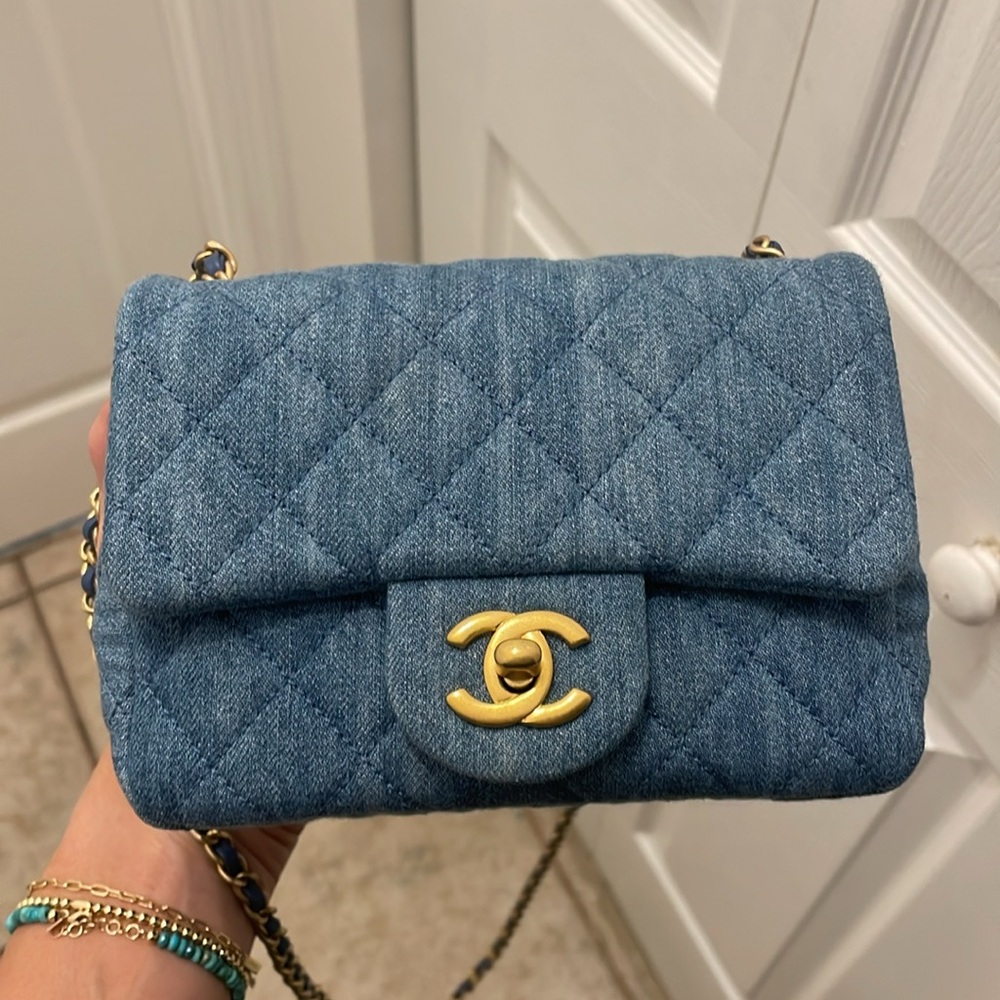 Chanel mini denim quilted square pearl crush flap